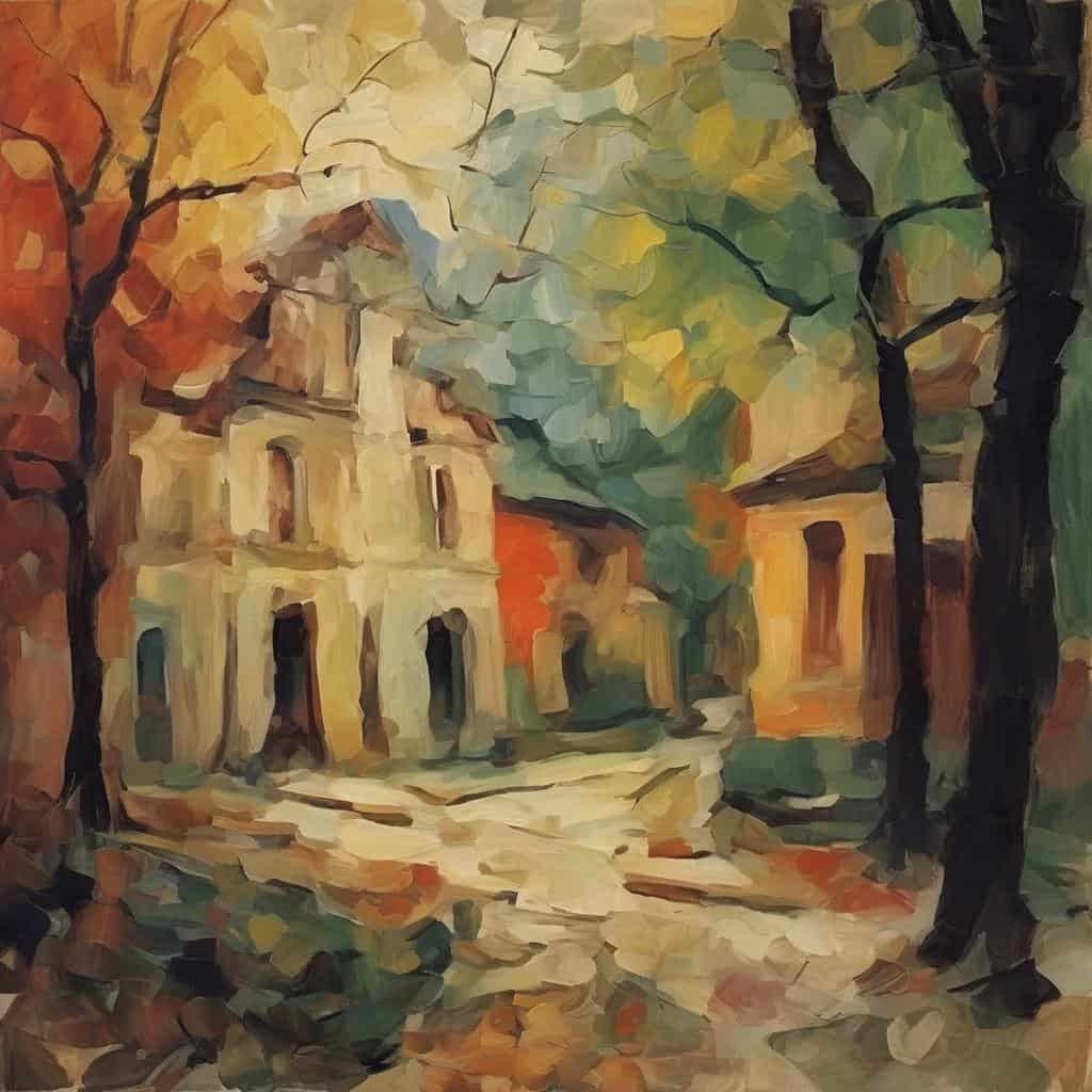 Παραδοσιακό αρχοντικό σε φθινοπωρινό τοπίο, ζωγραφισμένο σε εντυπωσιακό ελαιογραφικό στυλ.