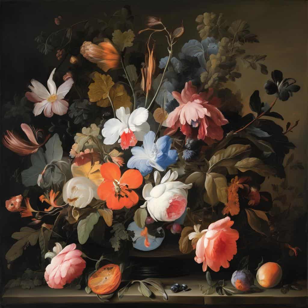 Λουλούδια σε εσωτερικό χώρο, ποικιλία σύνθεσης με ζωντανά χρώματα, δημιουργική τέχνη και ψυχική έκφραση.