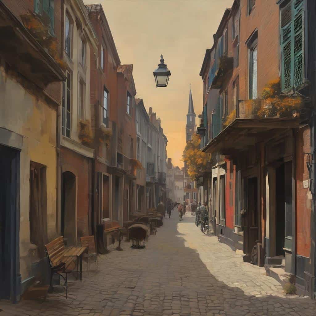 Ζωγραφική σκηνή μιας γραφικής παλιάς ευρωπαϊκής πόλης με δρομάκι και καμπαναριό, εκφράζοντας την τέχνη και τη δημιουργικότητα.