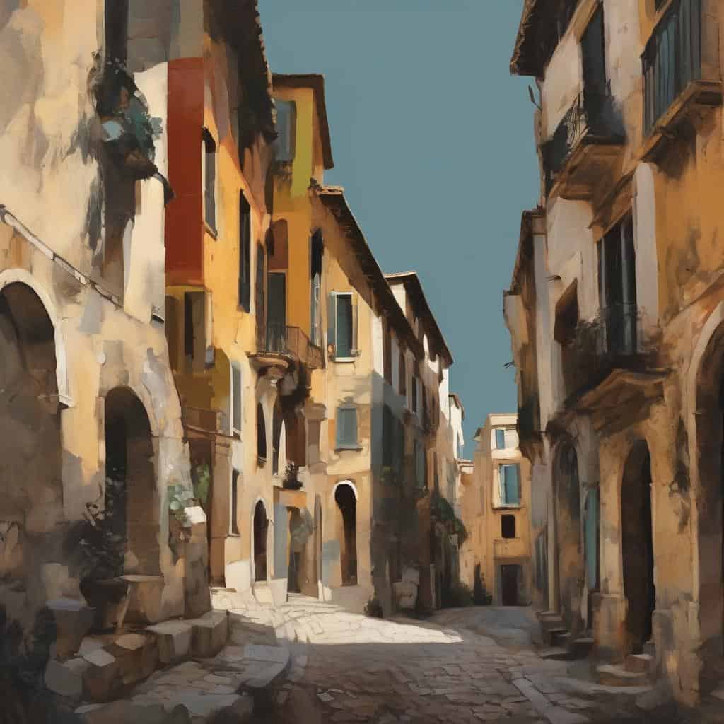 Ζωγραφική πόλης με αρχοντικά και στενά δρομάκια, εσωτερική δημιουργία και έκφραση ψυχής, τέχνη και αισθητική.