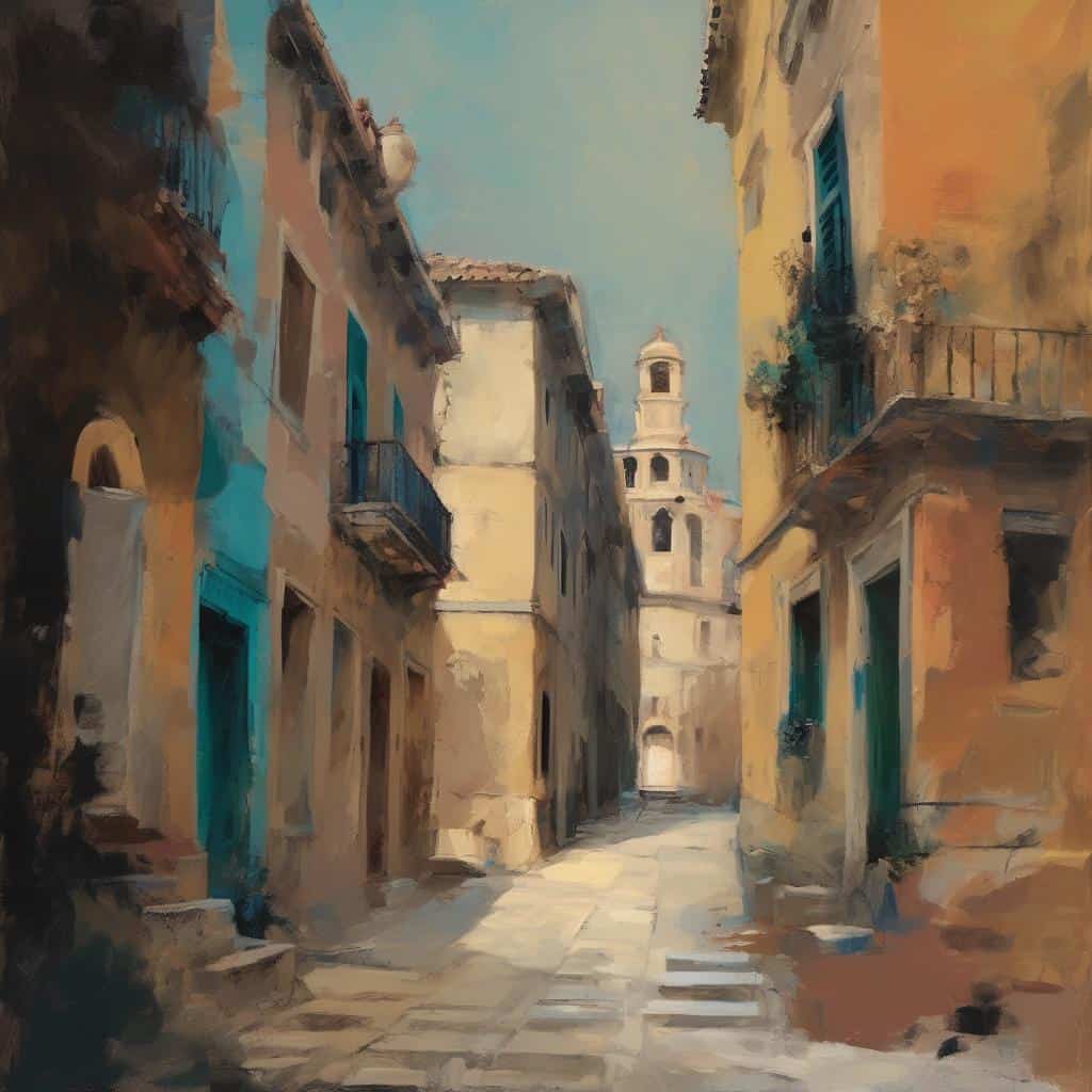 Παραδοσιακή γειτονιά με καλοδιατηρημένα κτίρια και εκκλησία στο βάθος, εκφράζοντας την ψυχική δημιουργία και το όραμα.