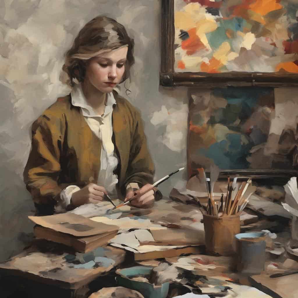 Ζωγράφος νεαρή γυναίκα που δημιουργεί τέχνη στο εργαστήριο, αναπαράσταση δημιουργικότητας και ψυχής.