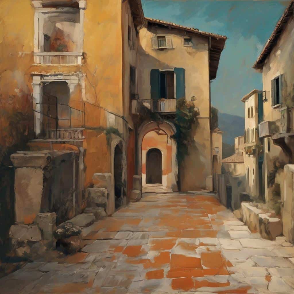 Παλιά γειτονιά με πετρόκτιστα κτίρια και στενόδρόμων, απεικόνιση δημιουργίας και ψυχής μέσα από ζωγραφική.